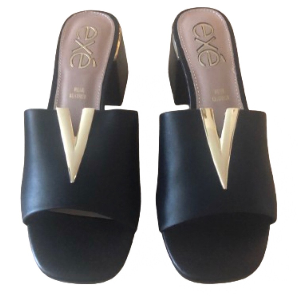 EXÉ CARMEN BLACK MULE • GOLD ACCENTS • 2” BLOCK HEEL • Sz 38 • NWT